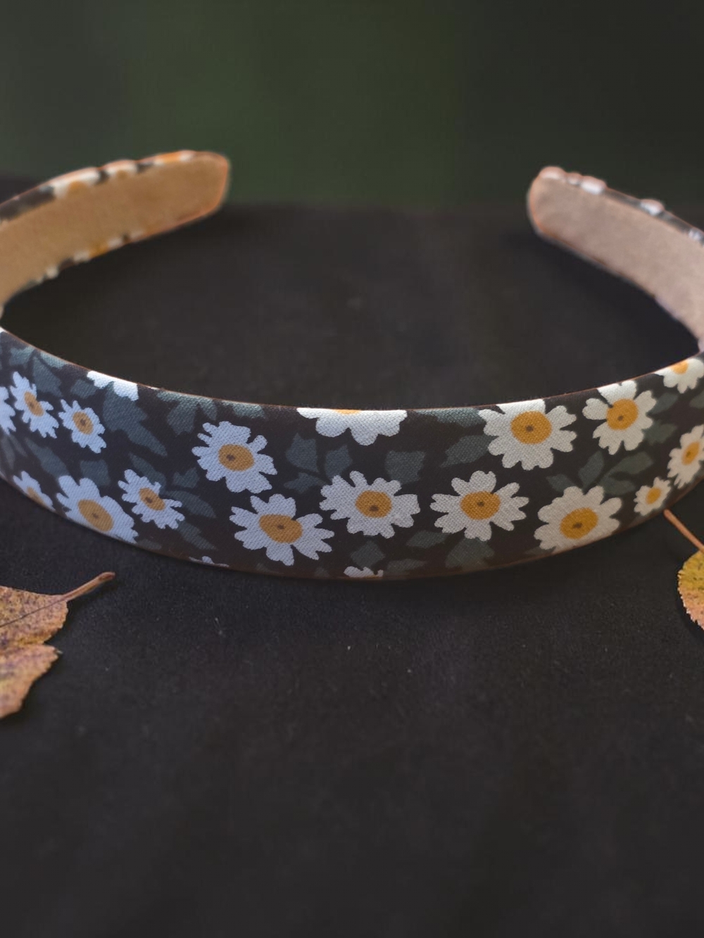 Black Floral Daisy Print Fabric Headband